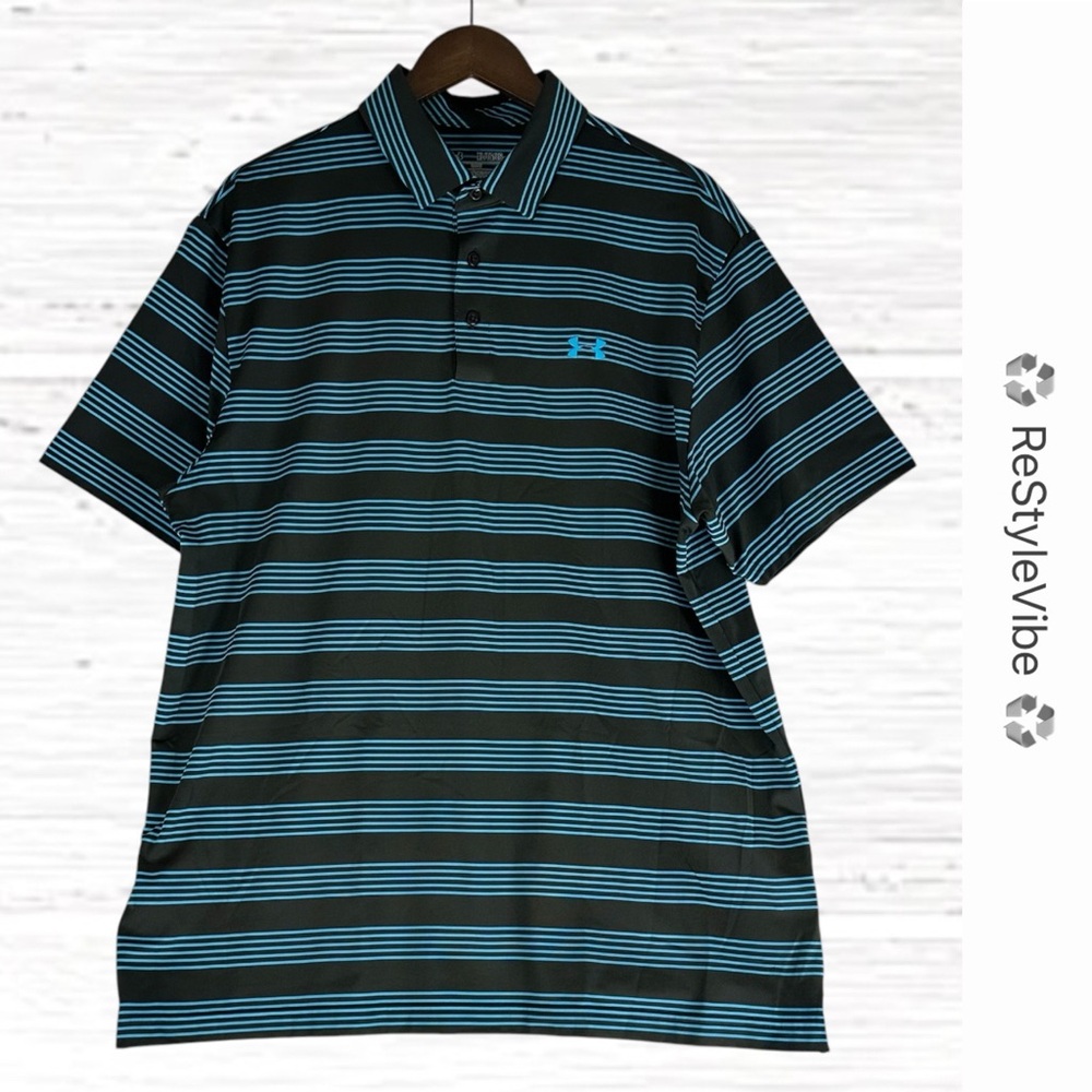 UNDER ARMOUR Men’s Size XL Shirt Polo Golf HeatGear Loose Fit Striped Stretch